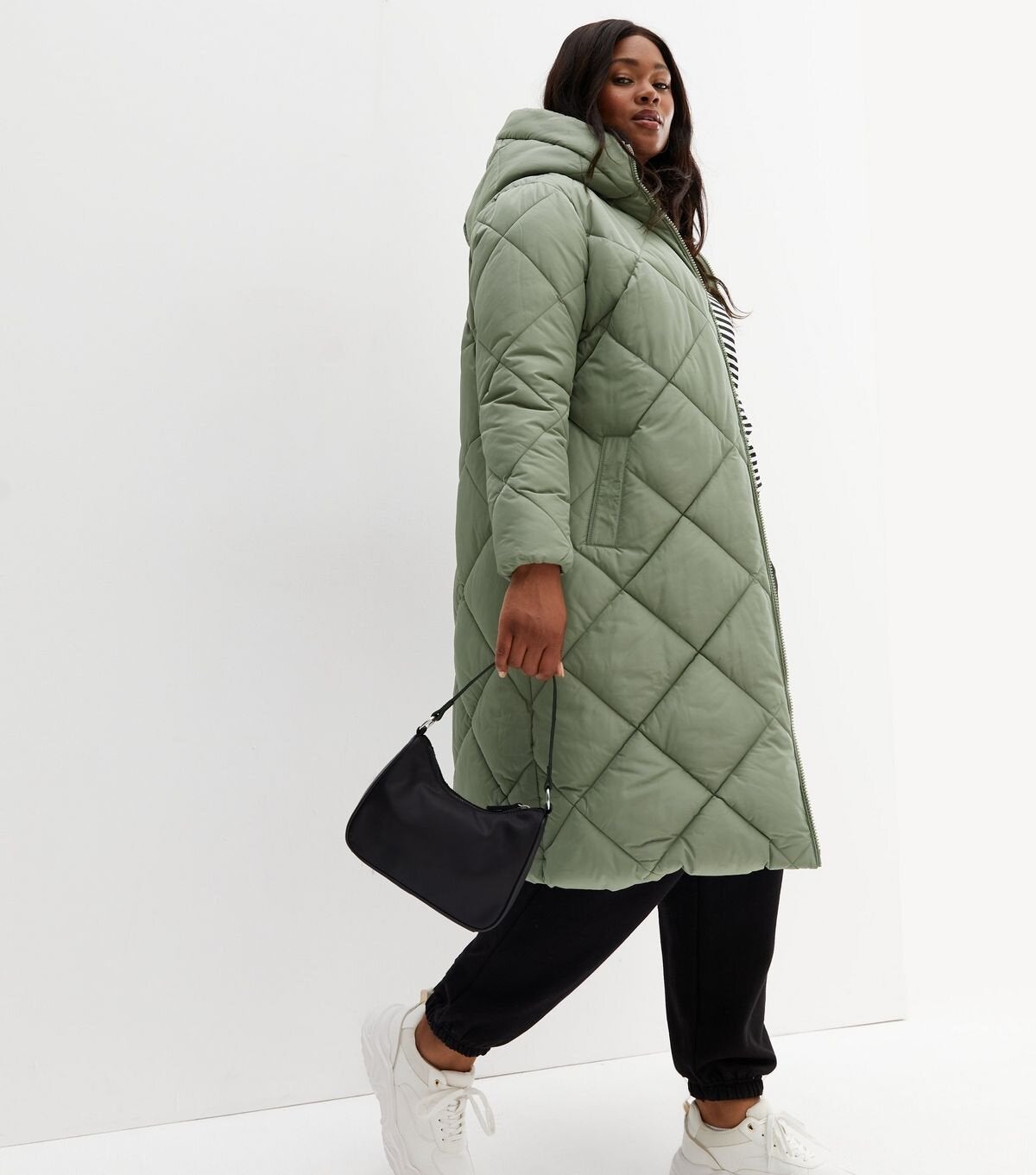 New Look Curve + Olive Quilted Long Hooded Puffer Jacket
