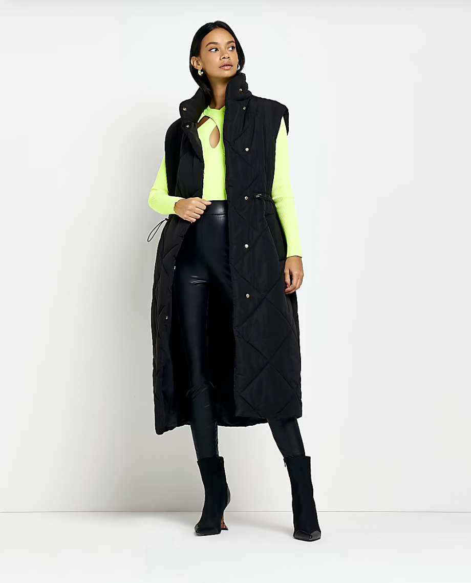 River Island + Black Quilted Padded Longline Gilet