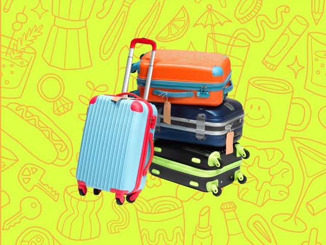suitcases over a yellow background with orange line drawings of various objects Money Diarists purchase.