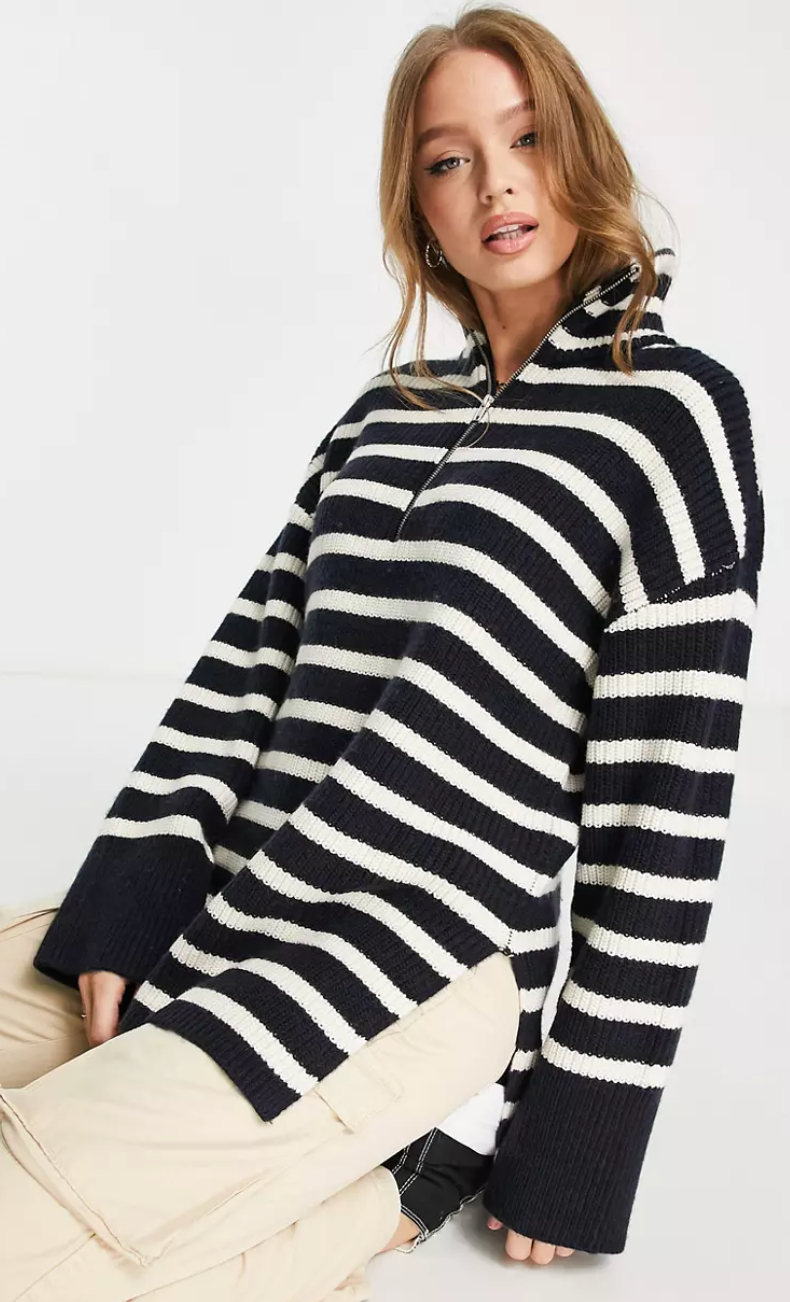 Oversized Zip Neck Sweater In Navy And Off White Stripe