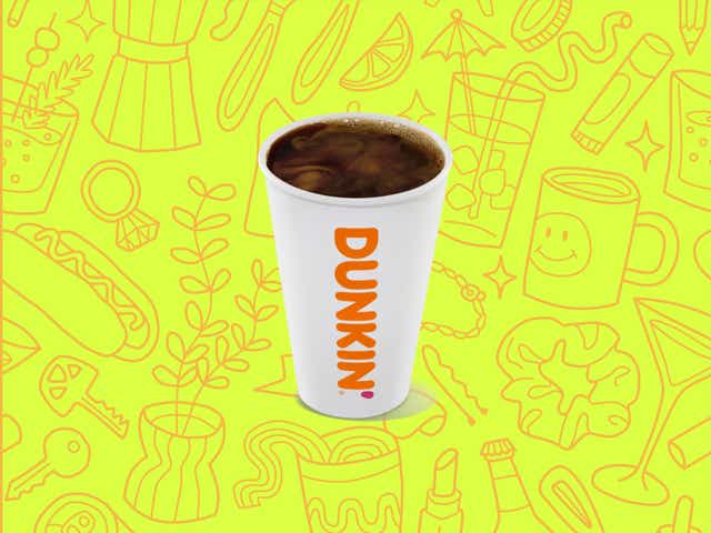 Dunkin' coffee over a yellow background with orange line drawings of various objects Money Diarists purchase.