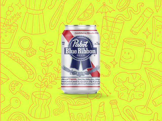 A PBR beer over a yellow background with orange line drawings of various objects Money Diarists purchase.