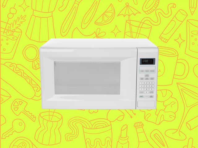 a microwave over a yellow background with orange line drawings of various objects Money Diarists purchase.