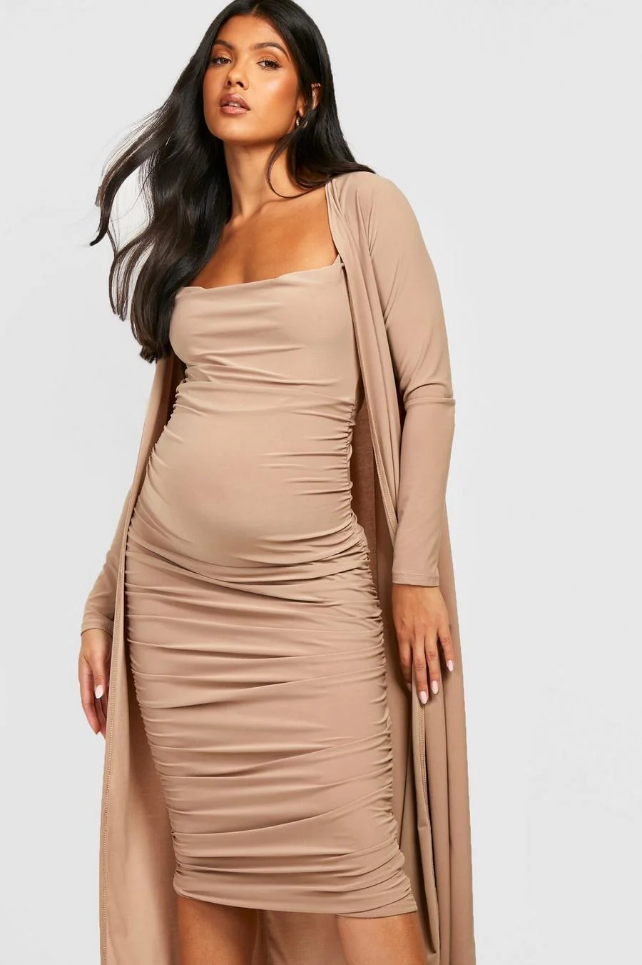 Boohoo + Maternity Strappy Cowl Neck Dress And Duster