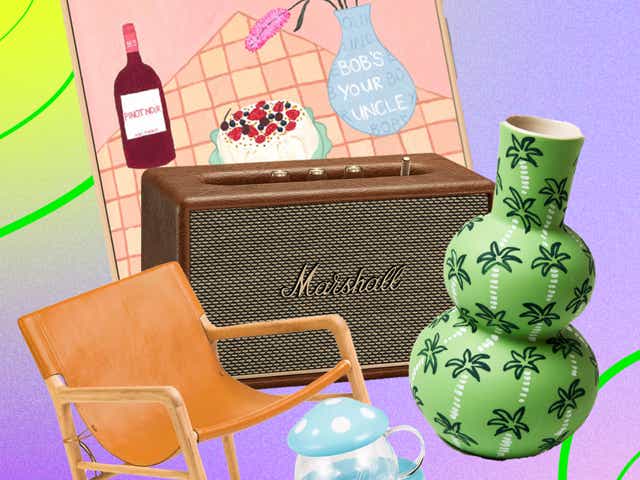 A collection of items on a purple and yellow background: an orange chair, a mushroom shaped teacup, a green vase, a brown speaker, and an artwork
