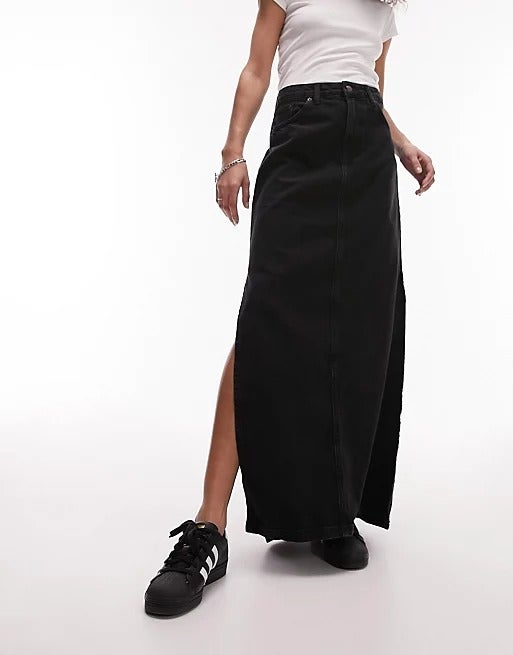 Topshop + Denim Maxi Skirt in Washed Black