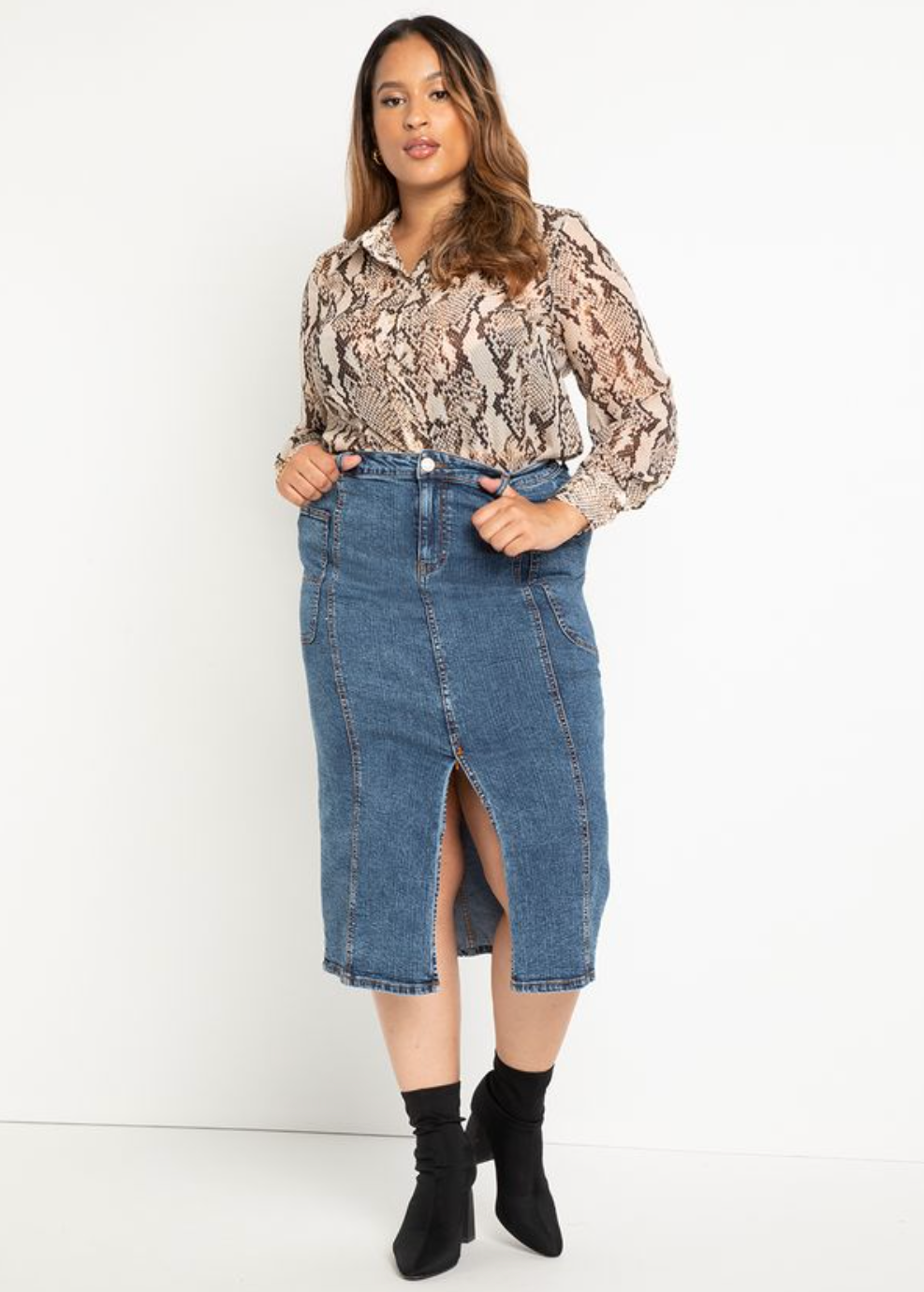 Eloquii + Denim Midi Skirt With Patch Pocket