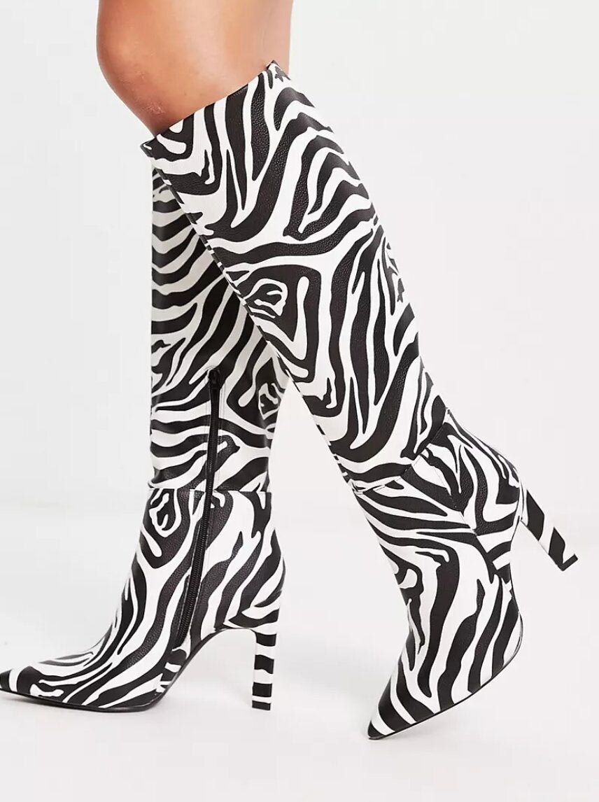 ASOS DESIGN + Wide Fit Cancun Knee-High Boots in Zebra