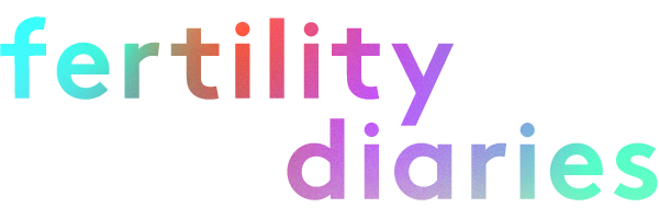 The words fertility diaries in multicolored letters