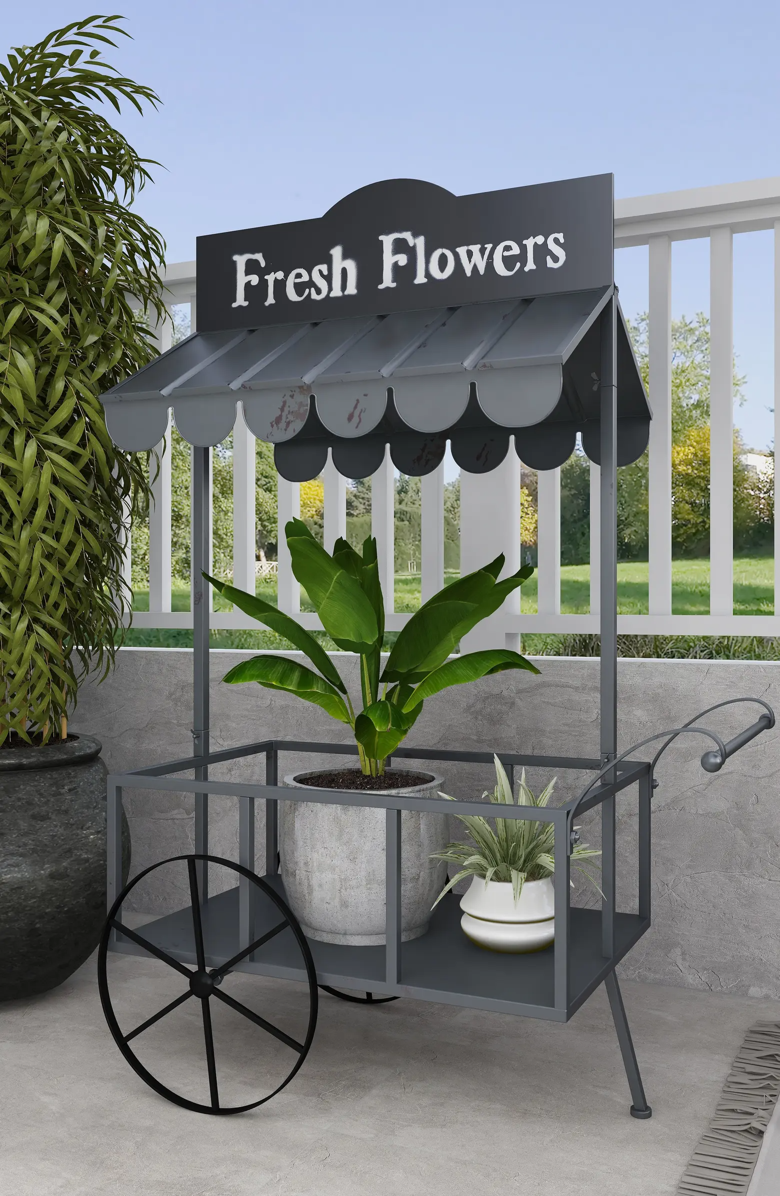 Willow Row + Black Metal Indoor \u0026#038; Outdoor Flower Cart Plant Stand, image size:1560x2392