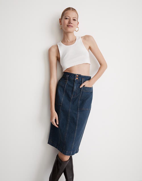 Mid Blue Denim Split Hem Midi Skirt  New Look