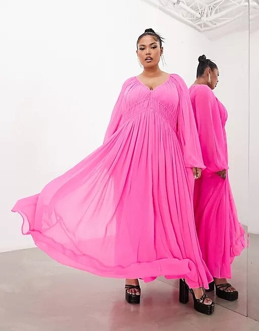 ASOS Edition Curve + Ruched Gathered Waist Chiffon Maxi Dress in Hot Pink