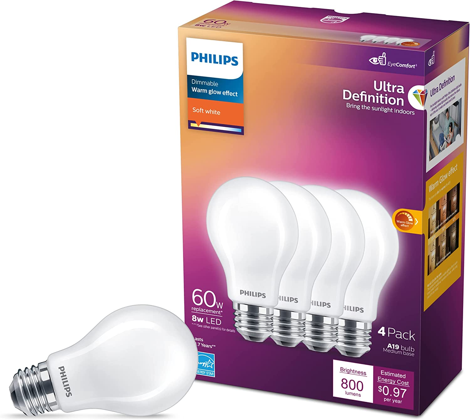 Philips LED + Frosted Dimmable A19 Light Bulbs, 4Pack