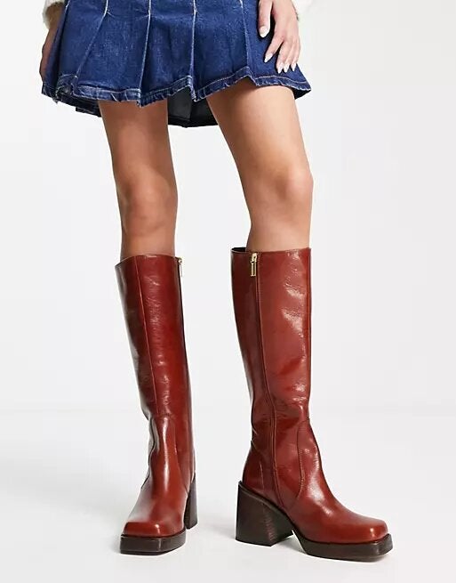 ASOS DESIGN + Cracking Leather Mid-Heel Knee Boots in Brown