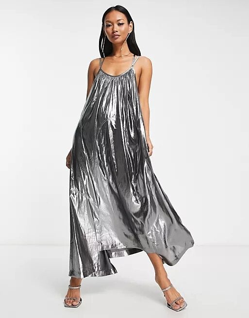 AllSaints + Areena Metallic Maxi Dress in Gunmetal