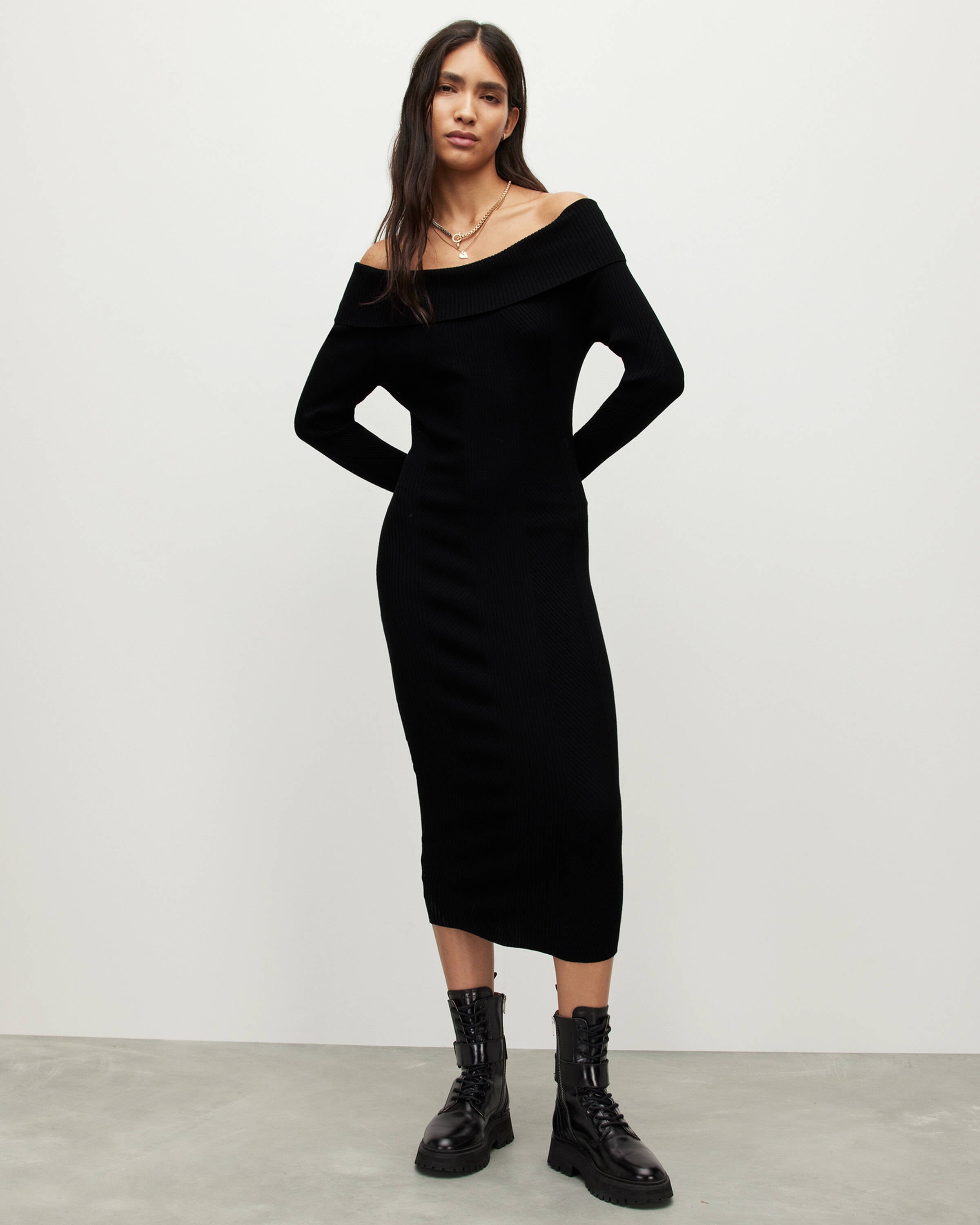 AllSaints + Livia Off-Shoulder Midi Dress