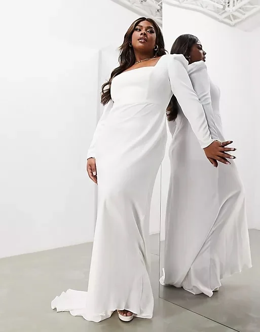ASOS EDITION Curve Gigi satin square neck long sleeve wedding dress in ivory