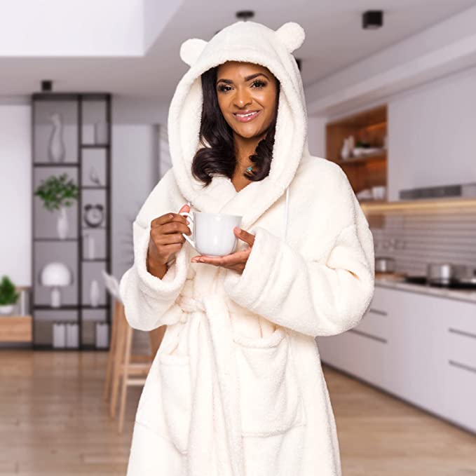 Heart Dressing Gown Soft Teddy Marl Fleece Hooded Ladies Long Warm Robe  Womens | eBay