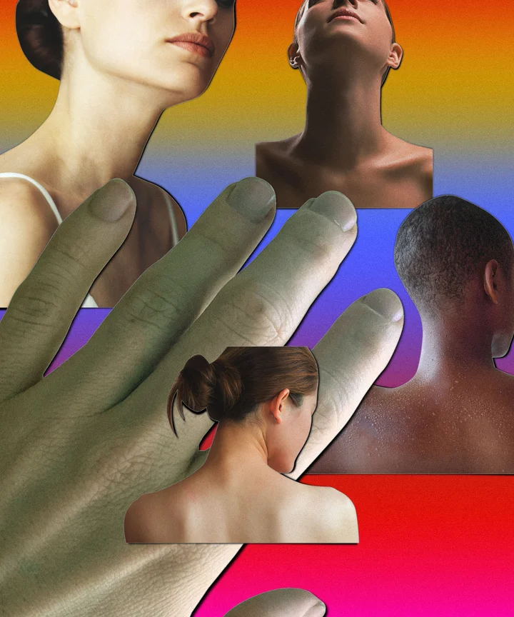 A collage of images featuring people's necks and a hand with a faded rainbow background.