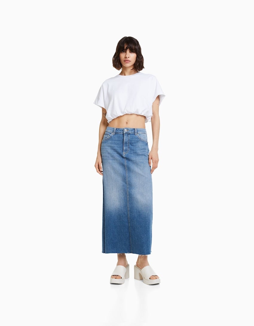 Bershka + Comfort Denim Long Skirt