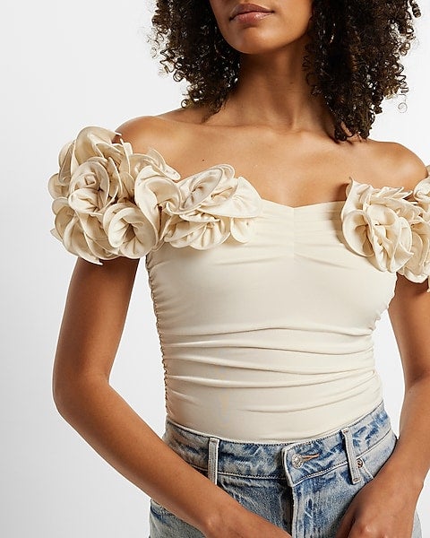 Express Body Contour Compression Off The Shoulder Rosette Top