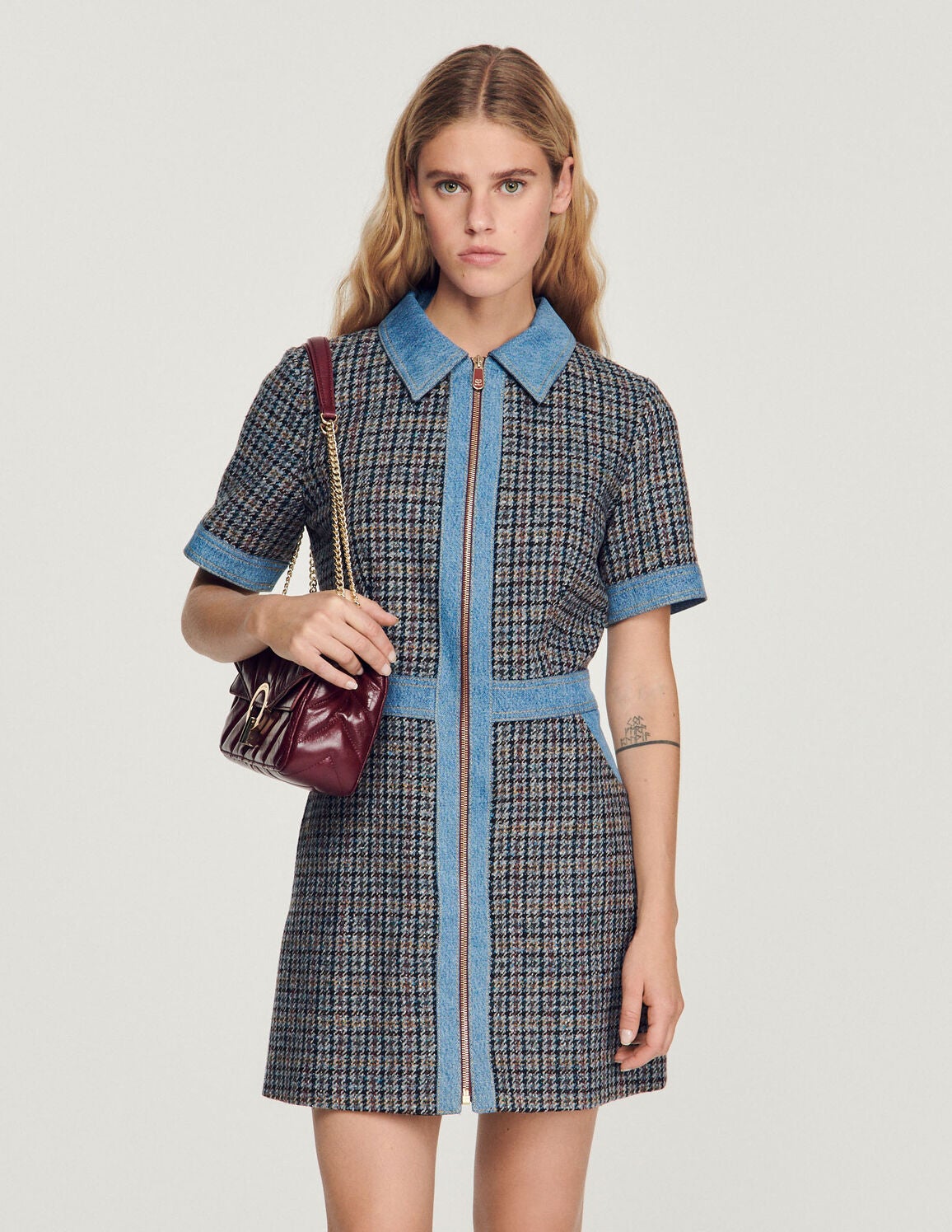 Sandro + Short tweed and denim dress