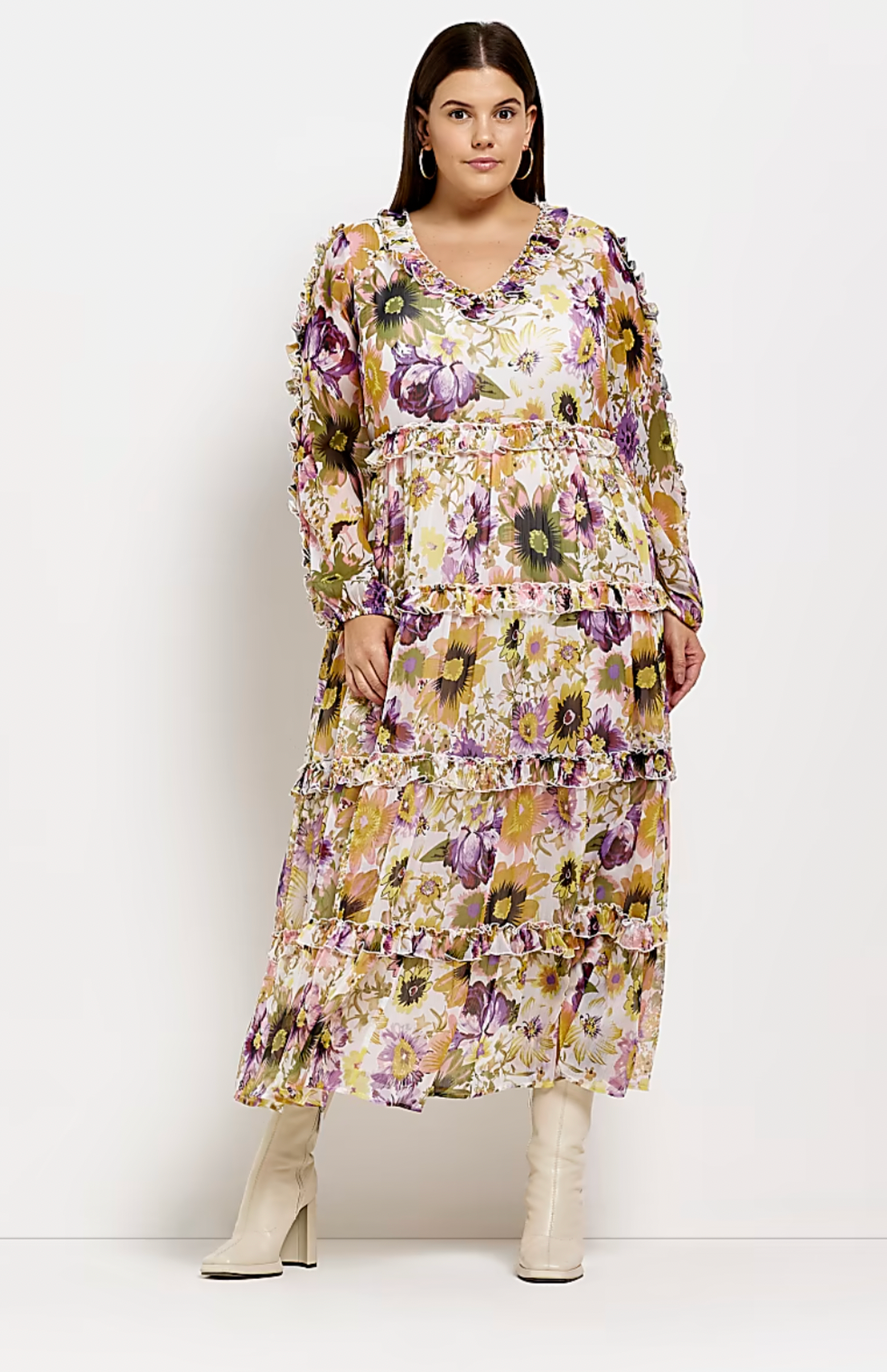 River Island + Plus White Floral Long Sleeve Midi Dress