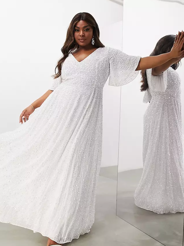 ASOS EDITION Curve Flutter Sleeve Sequin Maxi Wedding Dress