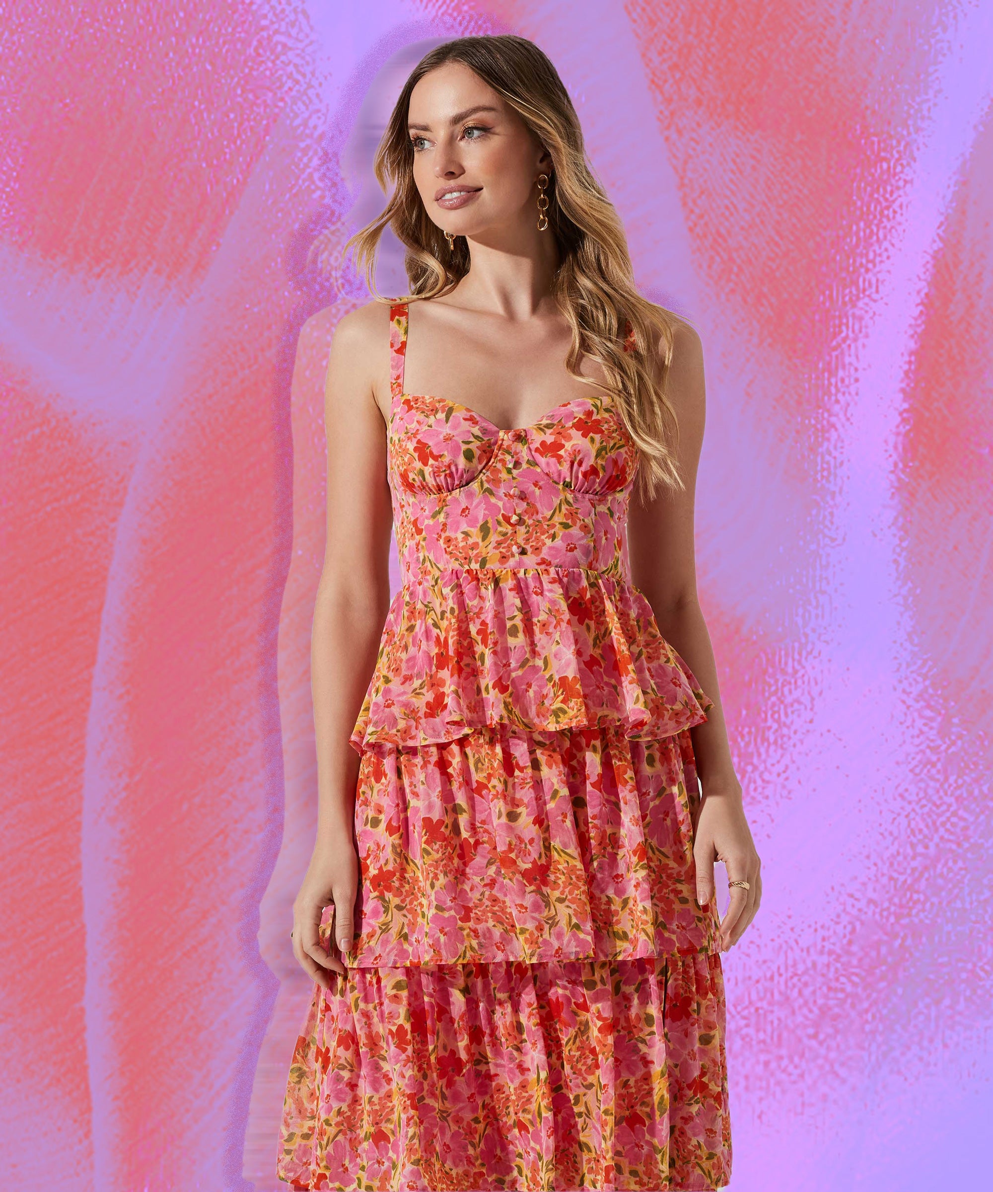 Charming Crush Hot Pink Satin Tiered Ruffled Midi Dress
