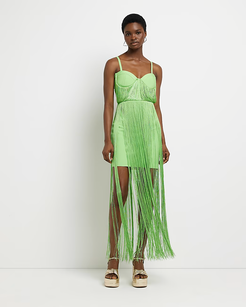 River Island + Lime Green Fringe Mini Bodycon Dress