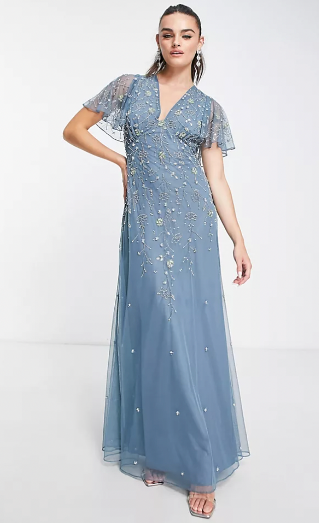 Floral flutter 2025 sleeve maxi dress