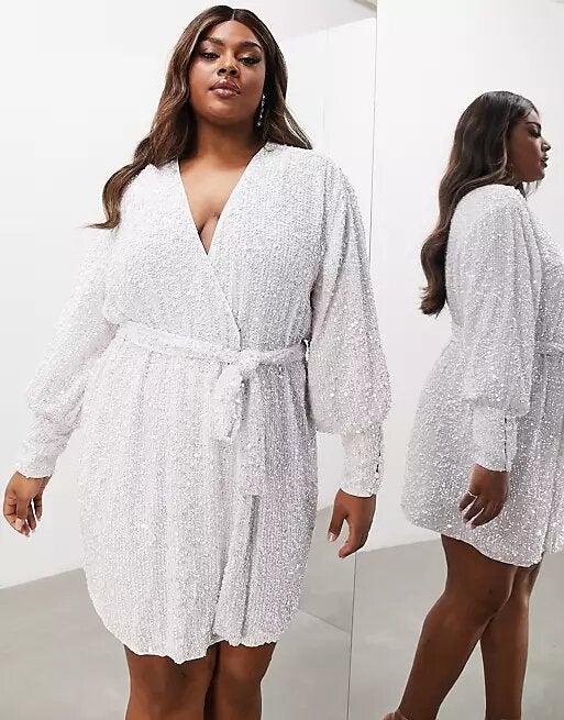 ASOS Edition Curve Wrap Mini Dress In White Sequin