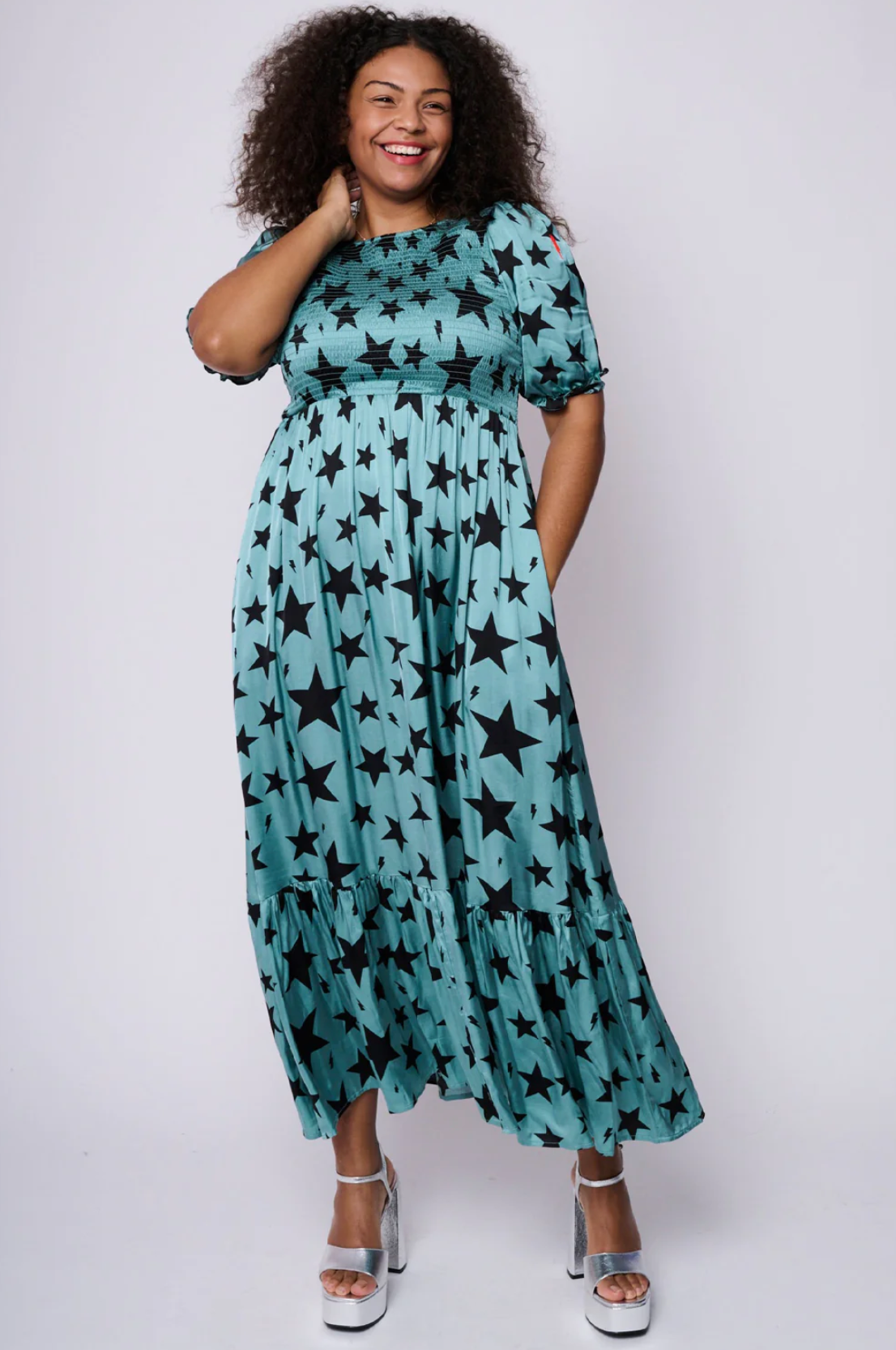 Scamp & Dude + Khaki With Black Star Shirred Maxi Dress