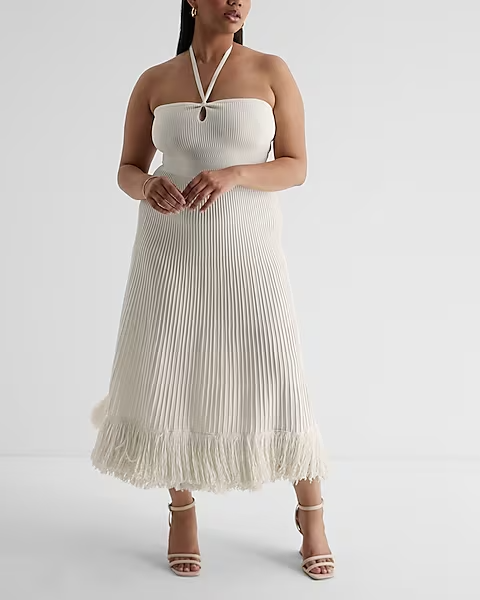 Express Ribbed Halter Neck Fringe Midi Sweater Dress