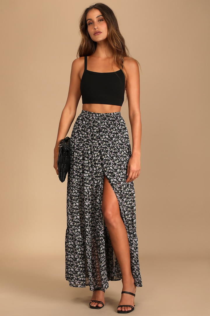 Black floral long deals skirt