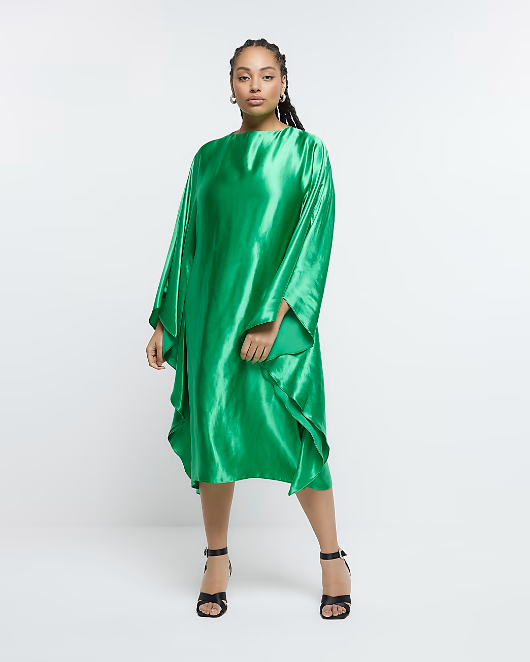 River Island + Green Satin Batwing Smock Midi Dress