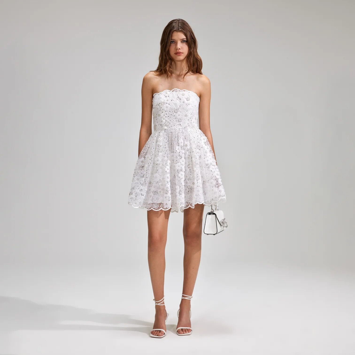 Self Portrait + White Beaded Sequin Bandeau Mini Dress