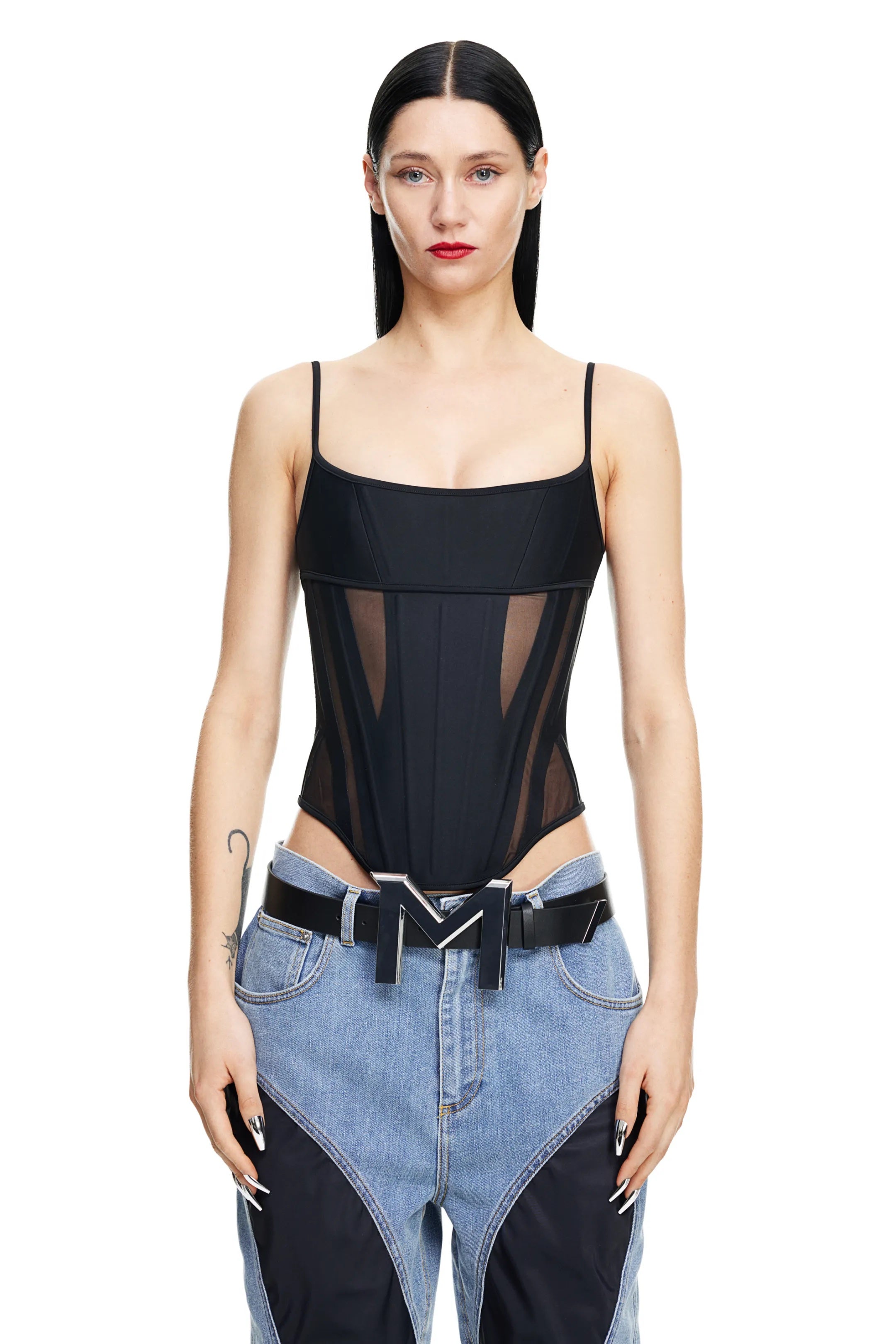 H&M x Mugler + Mesh-Paneled Corset Top