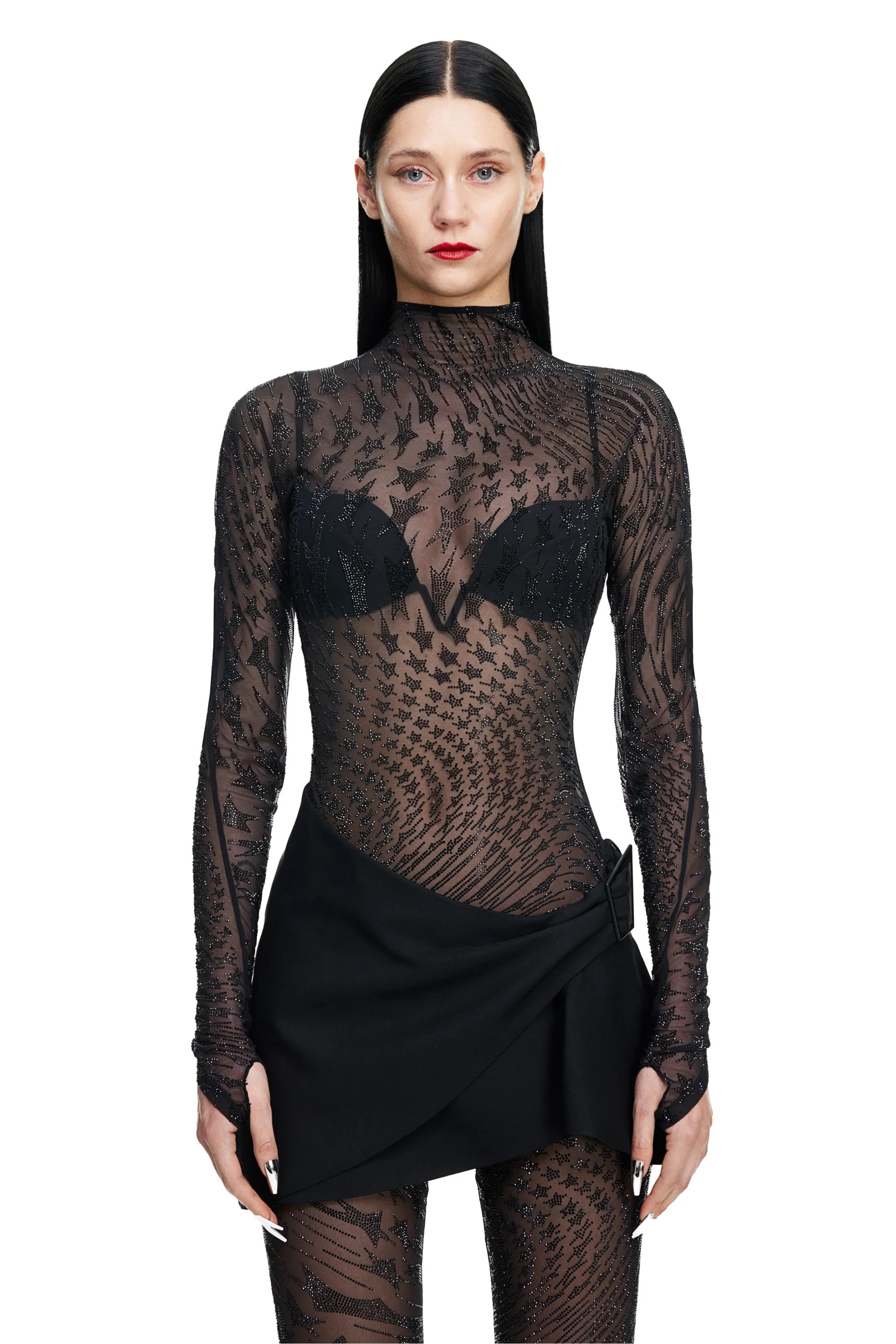 H&M x Mugler + Rhinestone-Embellished Mesh Top
