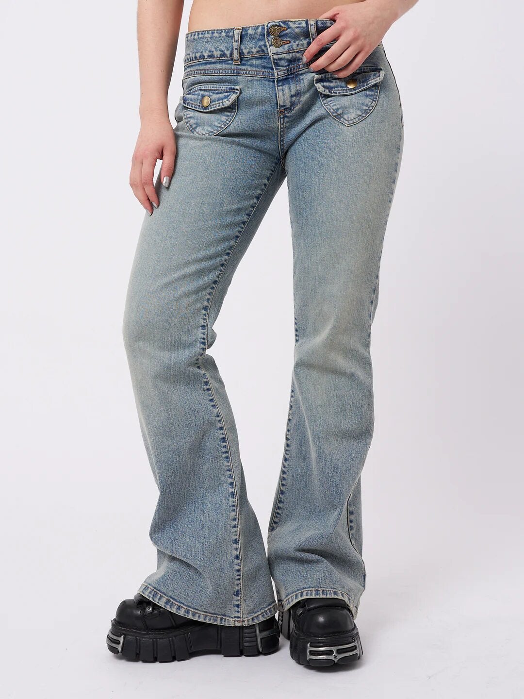 【BAON】24FW★ [BAONHAUS] Shuta Denim Frill Pocket Midi OP Minga London + Mia Over Dye Front Pocket Flare Jeans