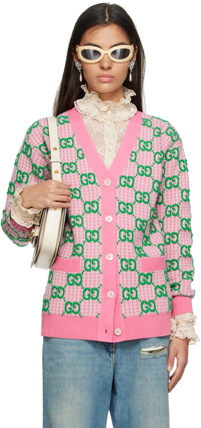 Gucci + Pink Houndstooth GG Cardigan