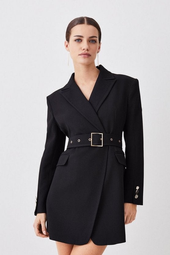 Karen Millen + Petitestructured Crepe Belted Wide Shoulder Longline Blazer