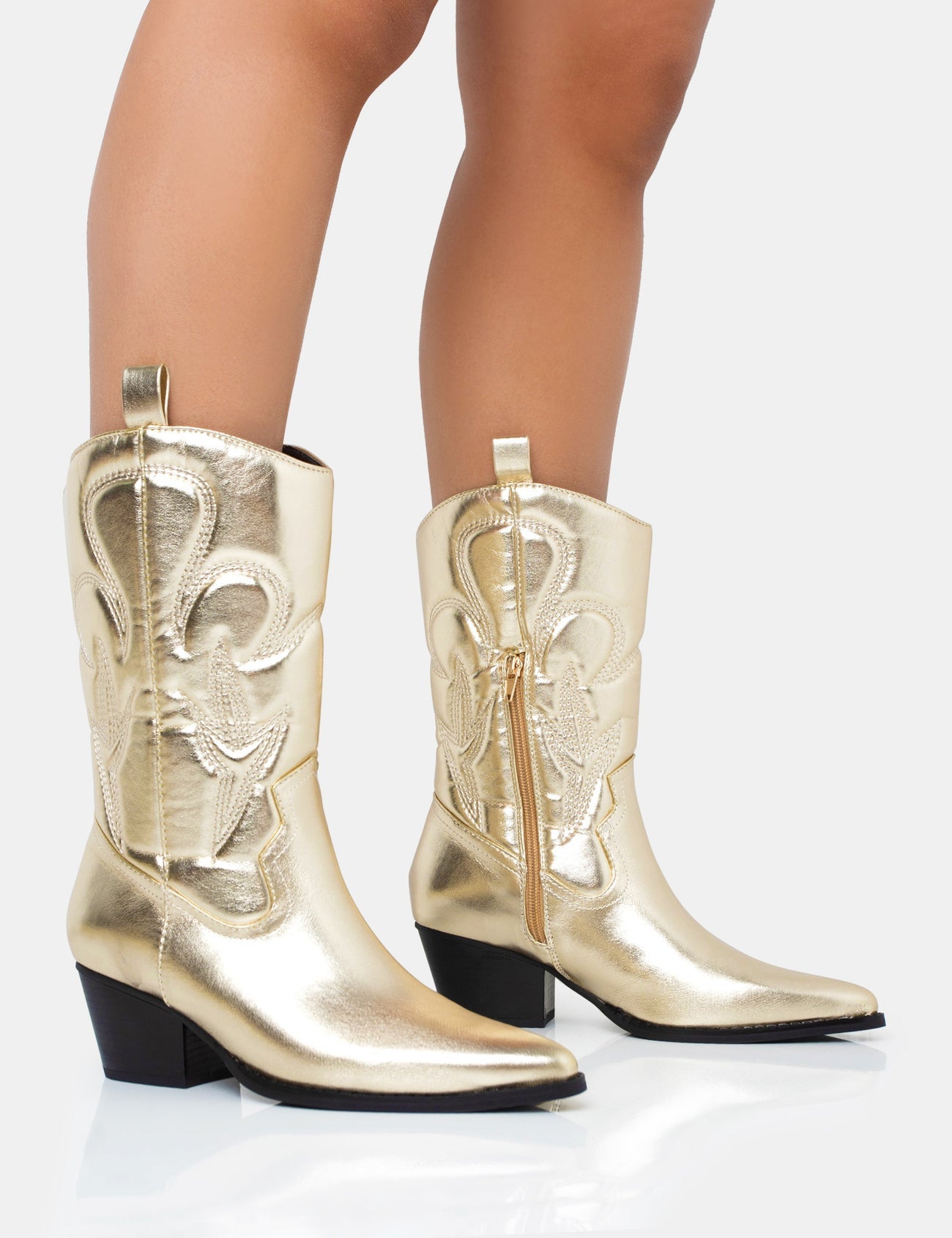 Public Desire + Calabasas Gold Western Embroidered Knee High Pointed ...