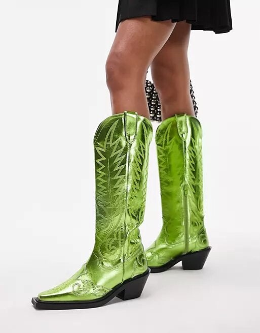 Topshop + Bailey Premium Leather Western Boot in Metallic Green