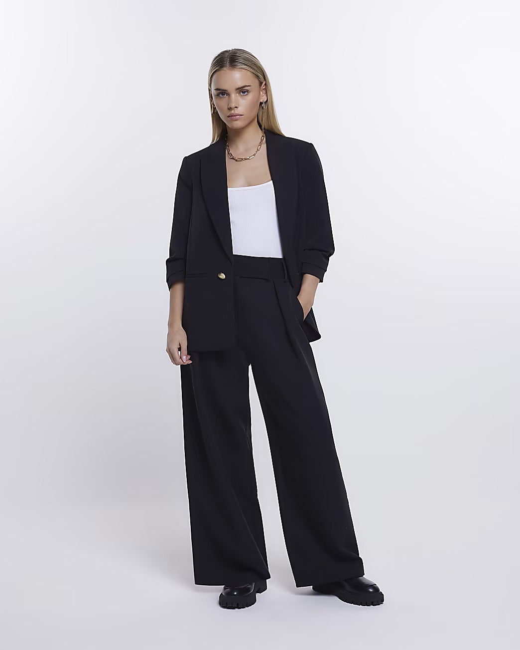 River Island + Petite Black Wide Leg Trousers