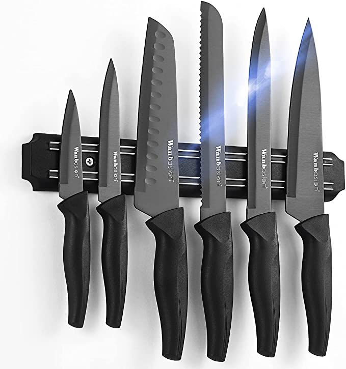 Wanbasion + 7 Piece Black Sharp Knife Set with Magnetic Strip