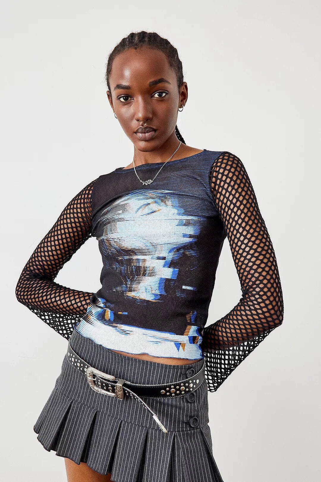 Archive At UO + Face Print Contrast Fishnet Sleeve Top
