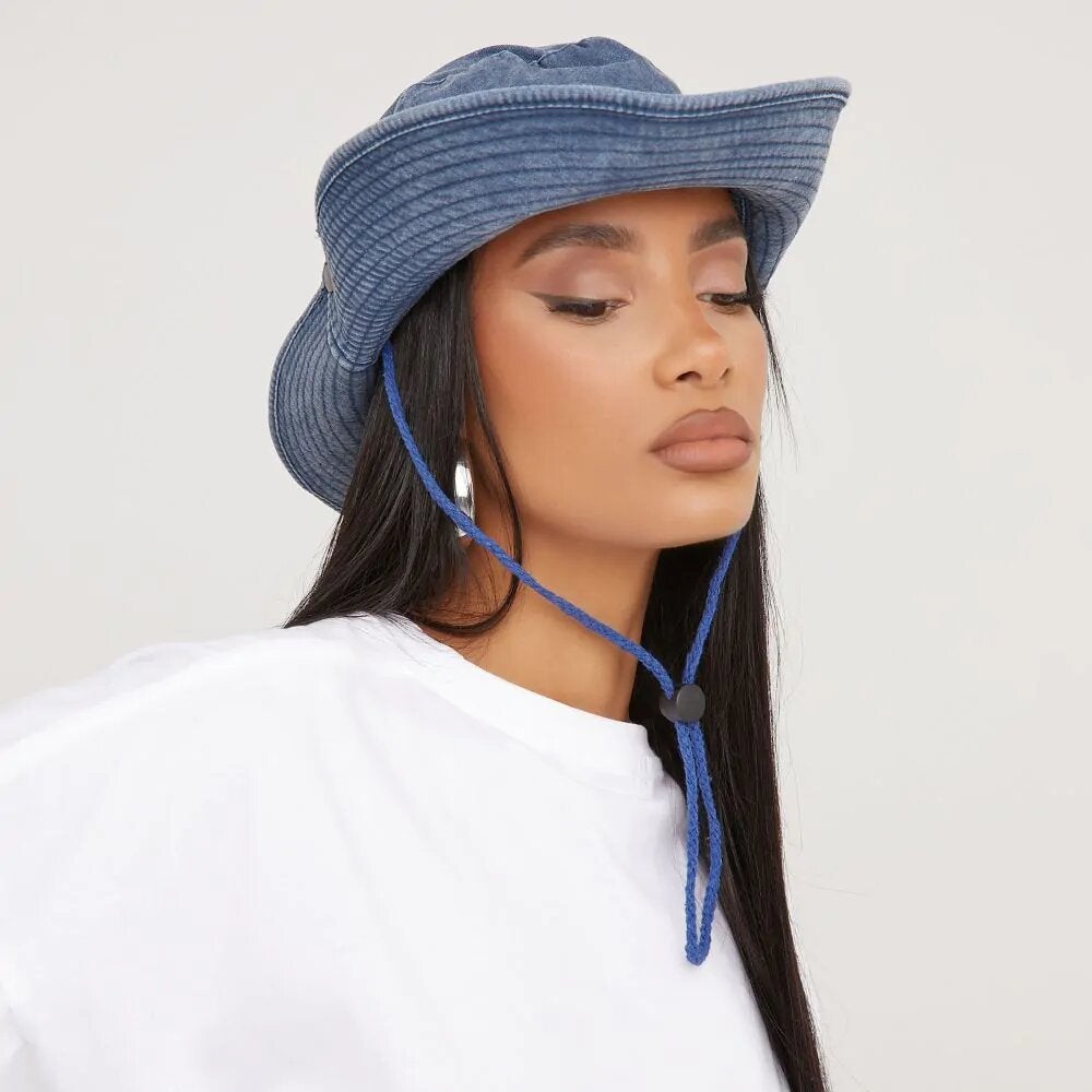 EGO + Neck Tie Detail Bucket Hat In Blue Denim