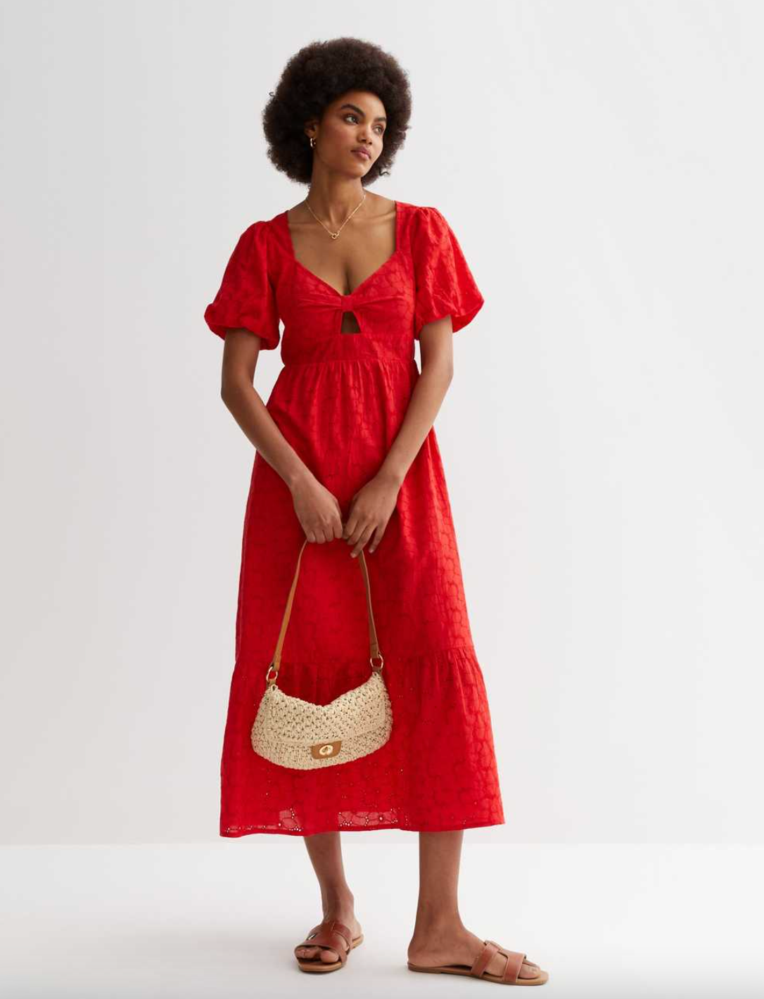 New Look + Red Embroidered Puff Sleeve Midi Dress