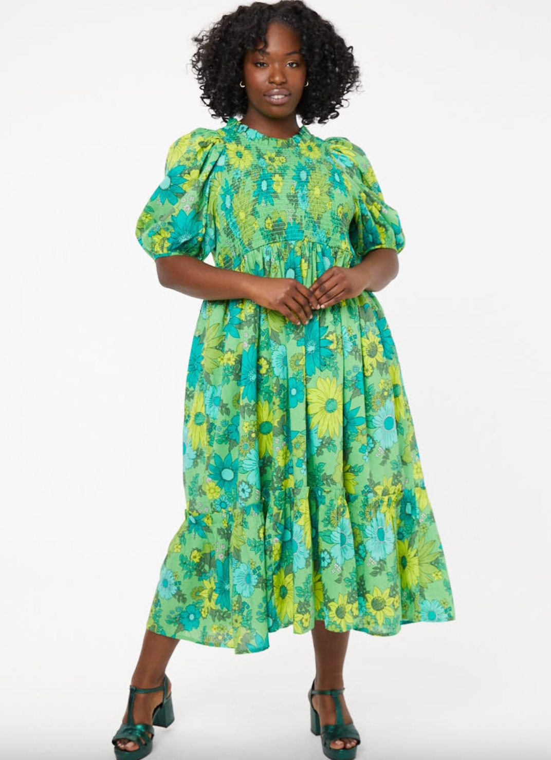 Joanie + Priya Vintage Floral Print Puff Sleeve Midi Dress